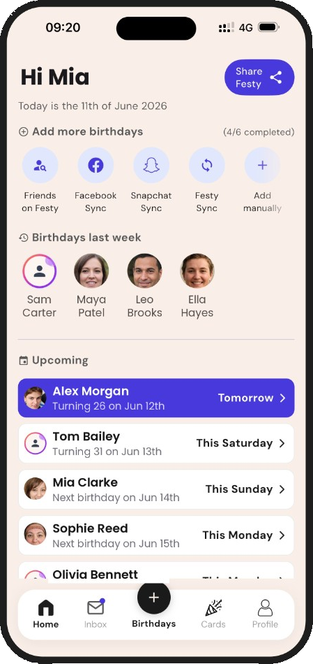 Festy home screen showing upcoming birthdays